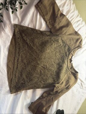 LOFT Olive Lace-Front Crewneck Sweater